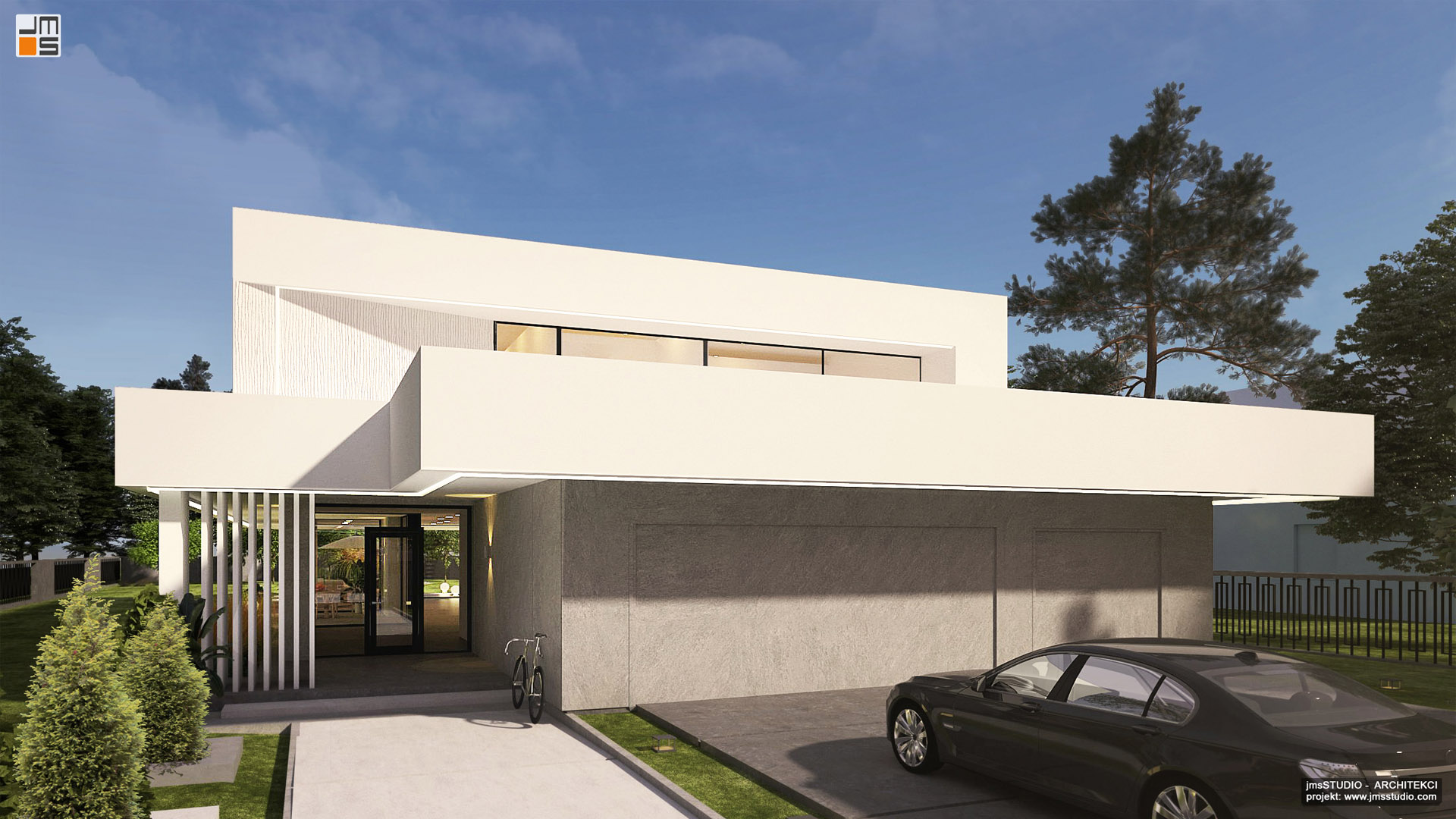 Nowoczesna bryła domu to projekt indywidualny dużej willi  podmiejskiej z płaskim dachem i ciekawy pomysł na elewacje w jednym kolorze z ukrytą bramą garażową