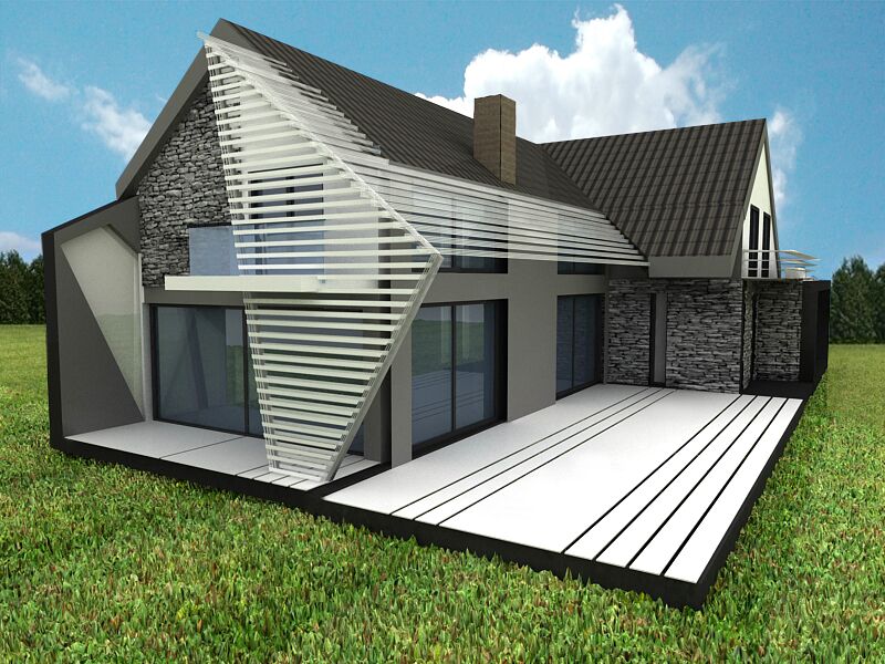 Nowoczesna elewacja domu z przeszkleniami i wyjściem na taras
