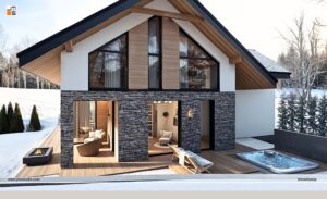 Nowoczesny dom w górskim krajobrazie, łączący naturalny kamień i drewno z dużymi przeszkleniami oraz przestronnym tarasem z jacuzzi. Projekt podkreśla bliskość natury i komfort całorocznego wypoczynku. Autorska koncepcja pracowni projektowej, stworzona z myślą o luksusowym stylu życia.