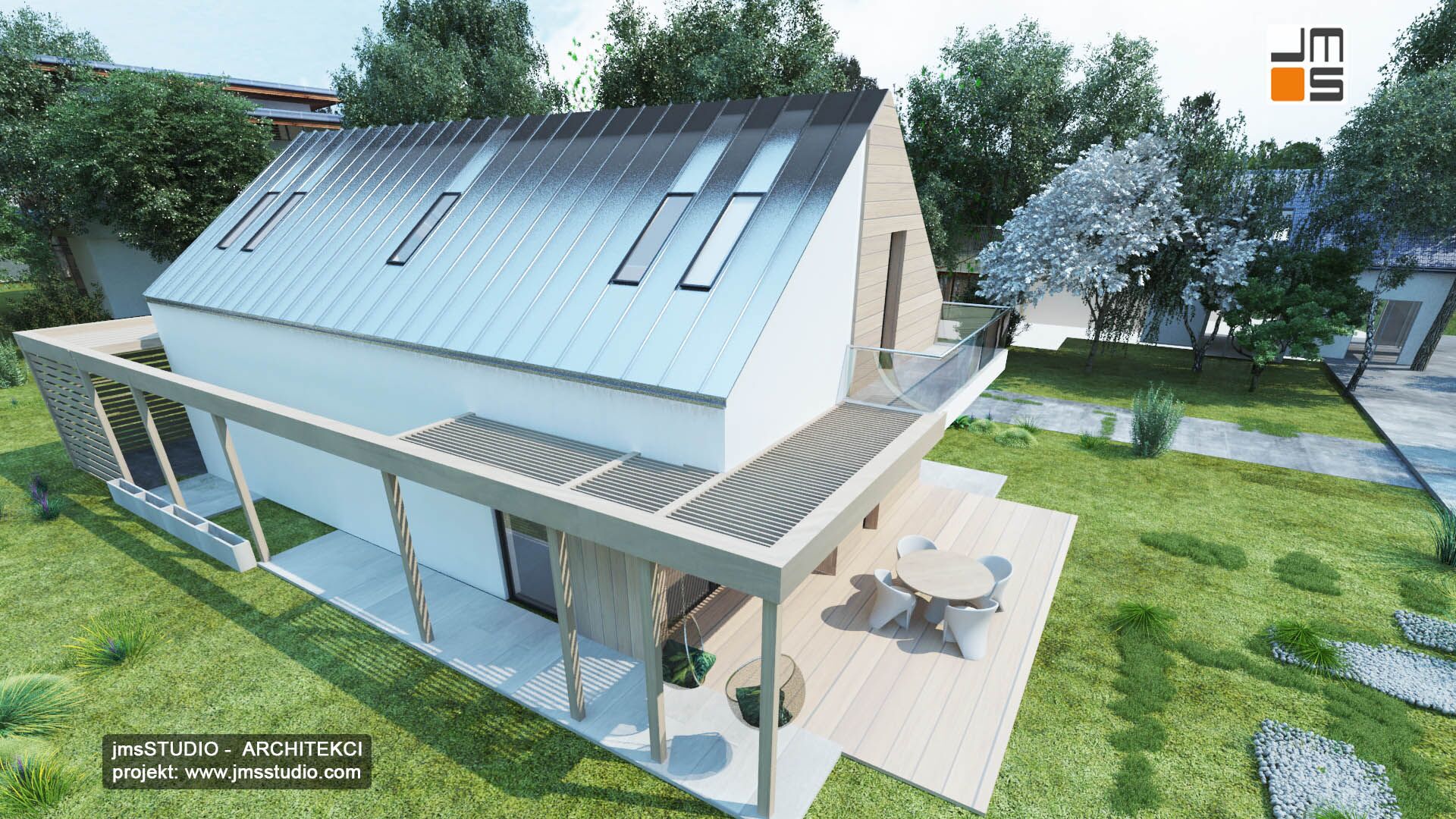 Drewniane żaluzje nad tarasem dają cień w projekt domu modułowego architekt Śląsk - Katowice - Wrocław
