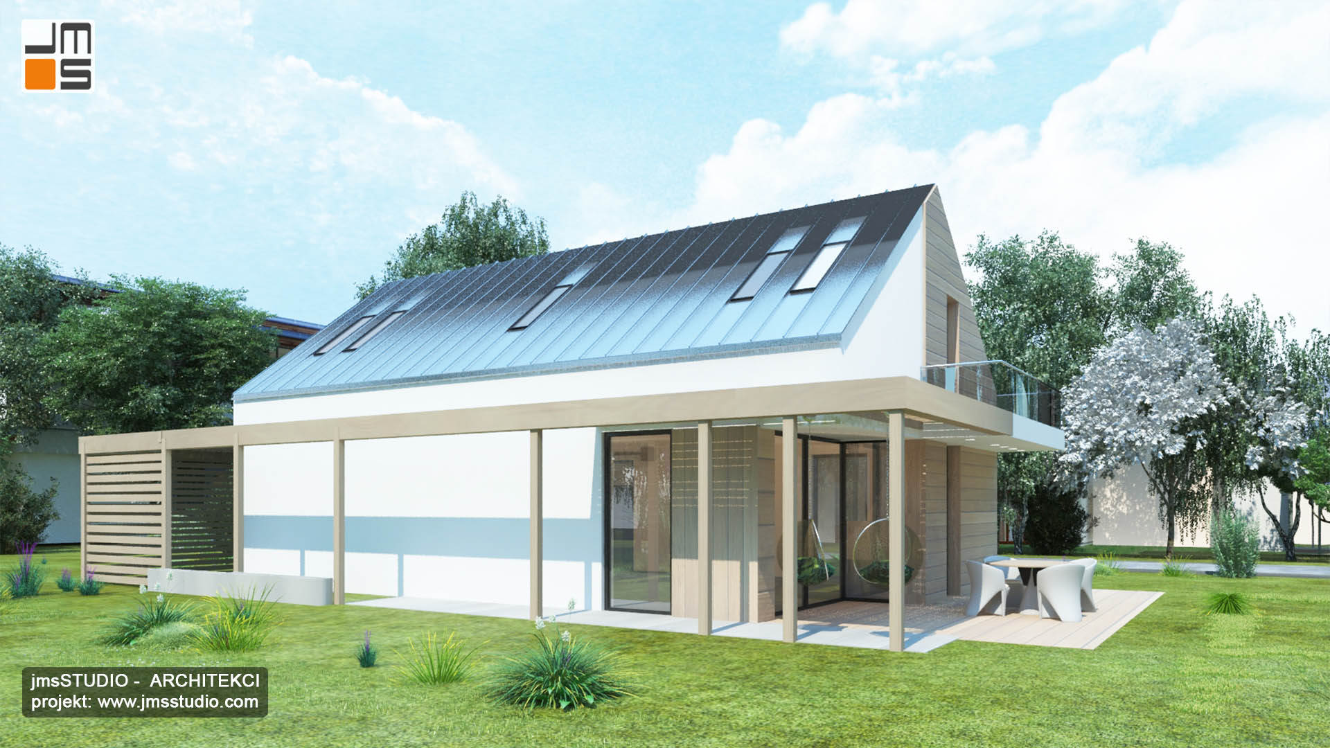 Blacha na rąbek stojący i taras z pergola drewniana to nowoczesny dom modułowy Architekt Śląsk Katowice Wrocław