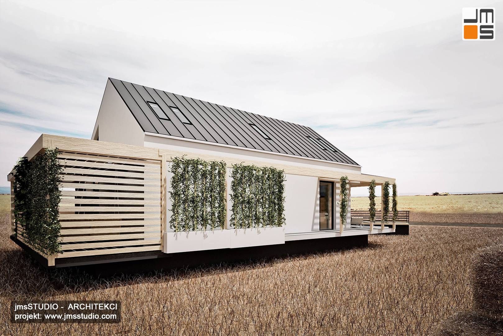 Dom modułowy z zieloną ścianą i pergolą oraz żaluzjami przeciwsłonecznymi to projekt domu architekt Śląsk