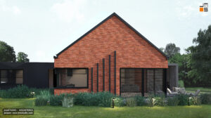 Projekt dom z cegły z detalna elewacji z cegły to piękne antracytowe lamele drewniane w kolorze czarnym nawiązujące do stolarki aluminiowej i koloru dachu
