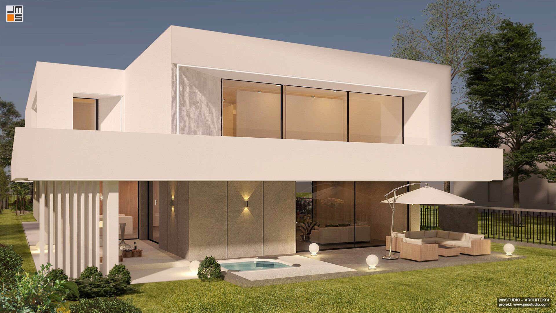 Piękny taras z podcieniem i duże przeszklenia w saloonie z czarnego aluminium to indywidualny projekt rezydencji pod miastem z ciekawą elewacją z jasnych materiałów