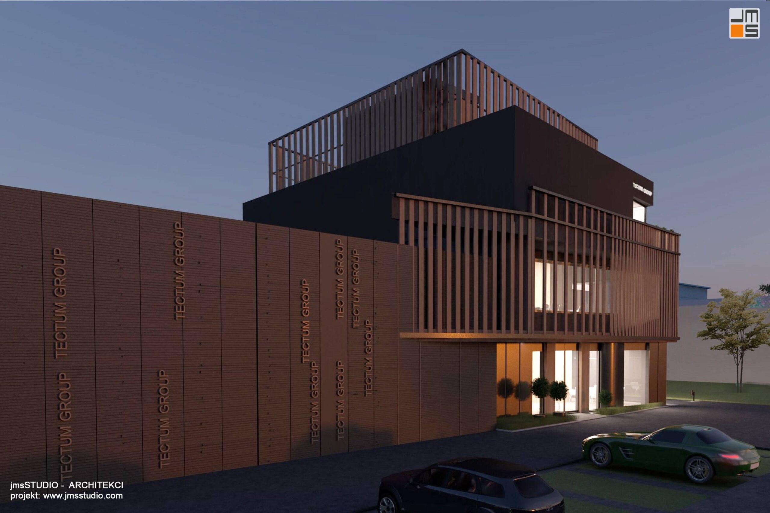 Pomysł na elewacje budynku hali magazynowej to projekt biurowca z halą o spójnej elewacji w jednej stylistyce z lamelami pionowymi