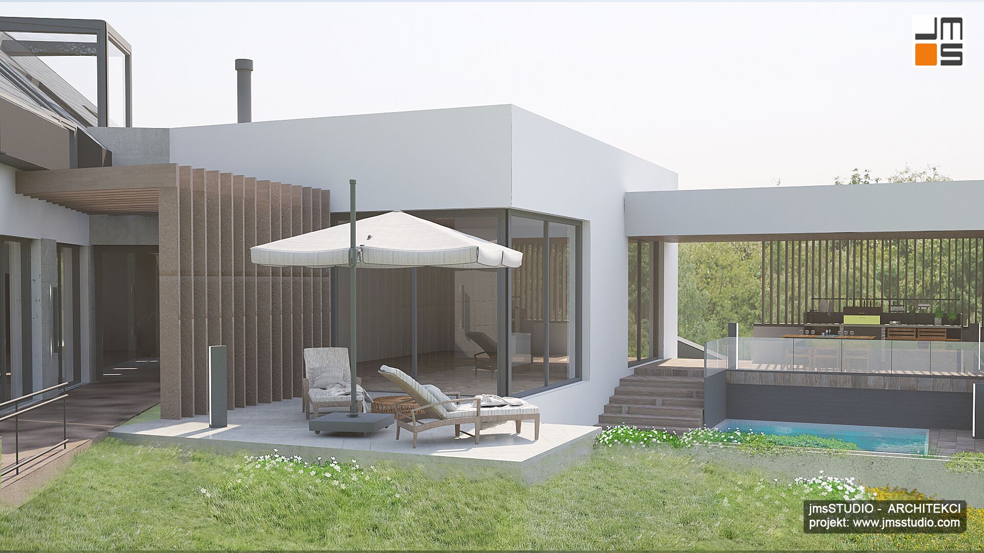 Duże efektowne okna i ciekawy pomysł na pergole i żaluzje drewniane to projekt prostej dużej  rezydencji pod Krakowem