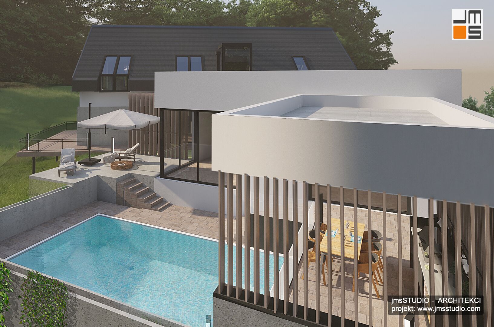 Projekt willi z basenem pod Krakowem z dużą kuchnią zewnętrzną na zadaszonym tarasie z żaluzją drewnianą.