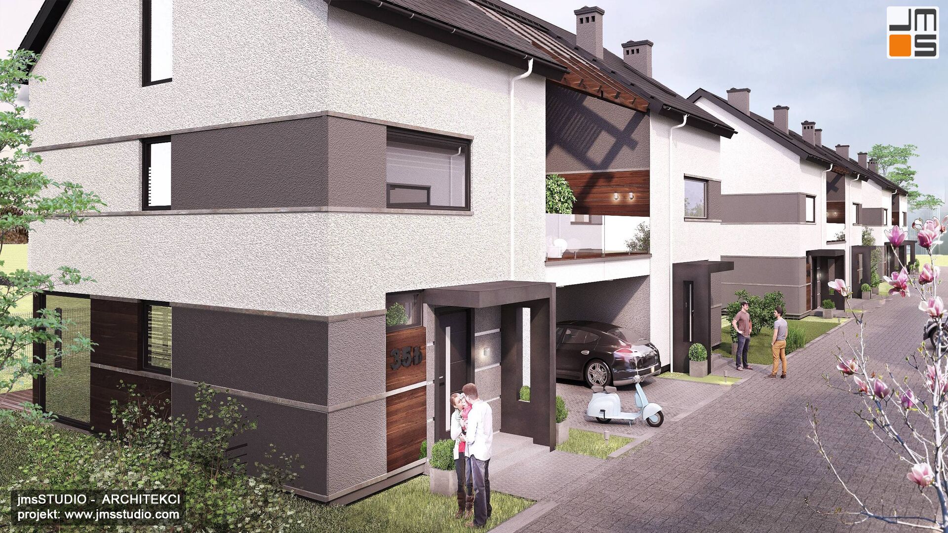 Osiedle budynków jednorodzinnych w zabudowie bliźniaczej to projekt od Architekt Kraków z pomysłem na ciekawe elewacje budynków