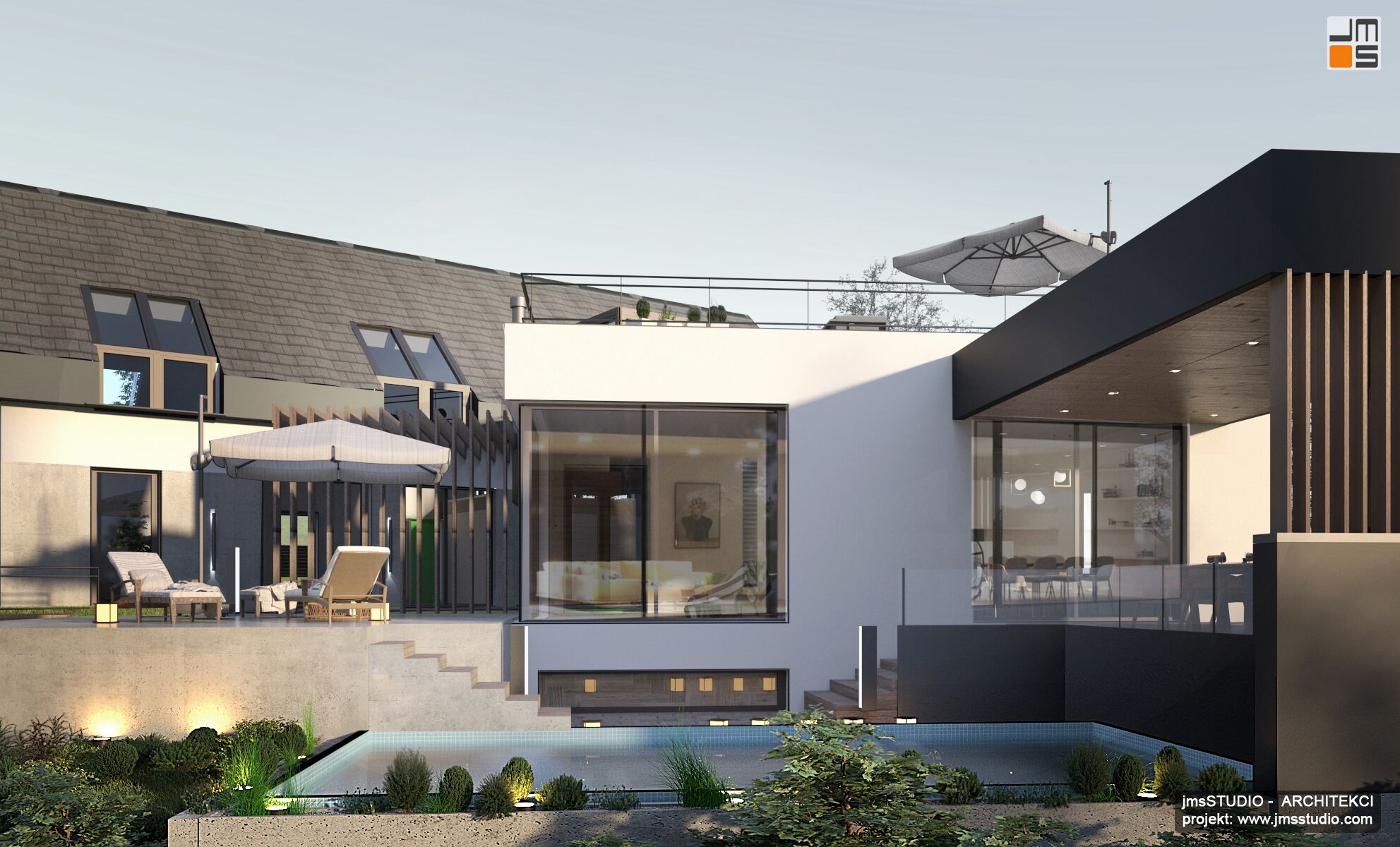 Nowoczesny projekt rezydencji pod Krakowem na działkę ze spadkiem wykorzystuje stok by tarasowo ustawić budynek z basenem