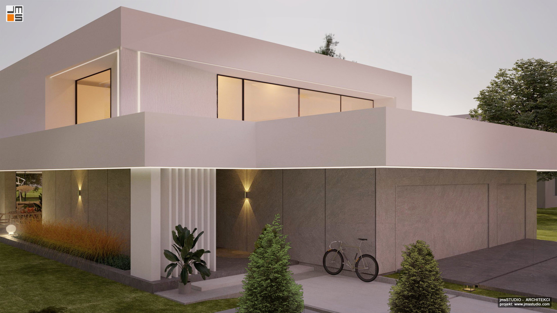 Projekt pięknej nowoczesnej willi z płaski dachem i jasną elewacją pod Krakowem o ciekawym