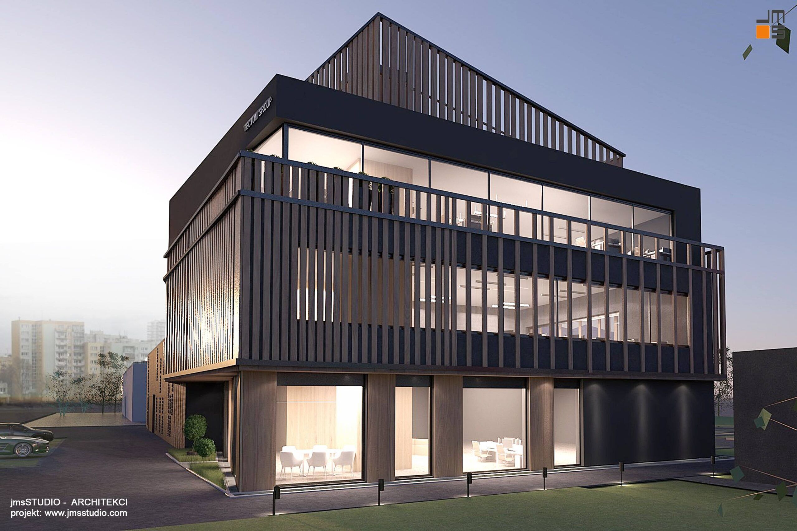 Piękna nowoczesna elewacja budynku biurowego to duże przeszklenia i nowoczesne żaluzje pionowe tworzą elegancki biurowiec o nowoczesnej bryle