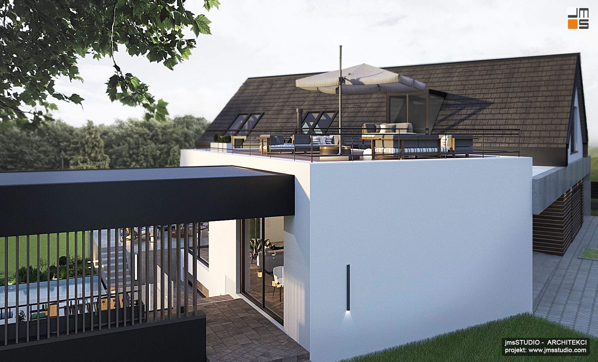 Projekt dużej willi z kilkoma tarasami i kuchnią zewnętrzną pod dachem z pergolą i jasna elewacją pod Krakowem