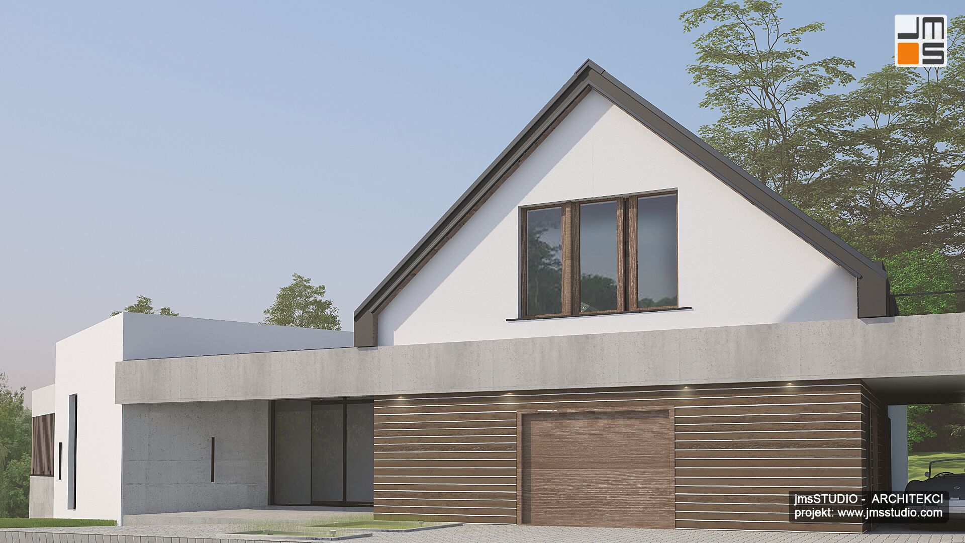 Pomysł na elewacje nowoczesnej rezydencji to połączenie jasnego tynku z drewnem i ukrycie bramy garażowej