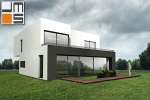 Prosty dom z dużymi oknami i płaskim dachem
