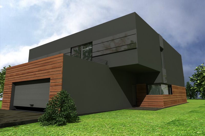 Prosty dom z płaskim dachem i elewacją drewnianą