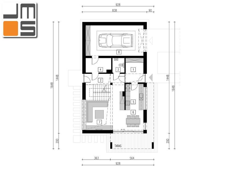 Rzut parteru budynku jednorodzinnego z przeszkleniem pionowym