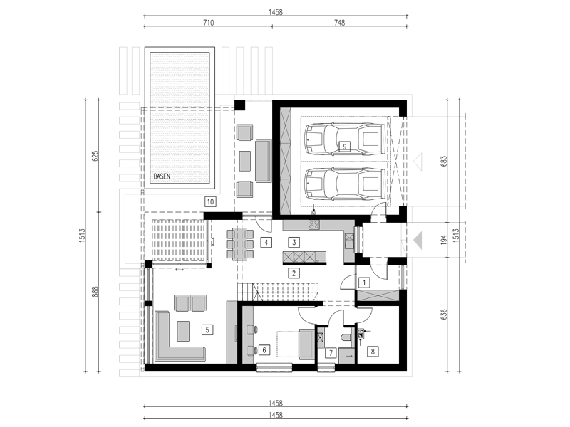 Rzut parteru nowoczesnego budynku jednorodzinnego z basenem