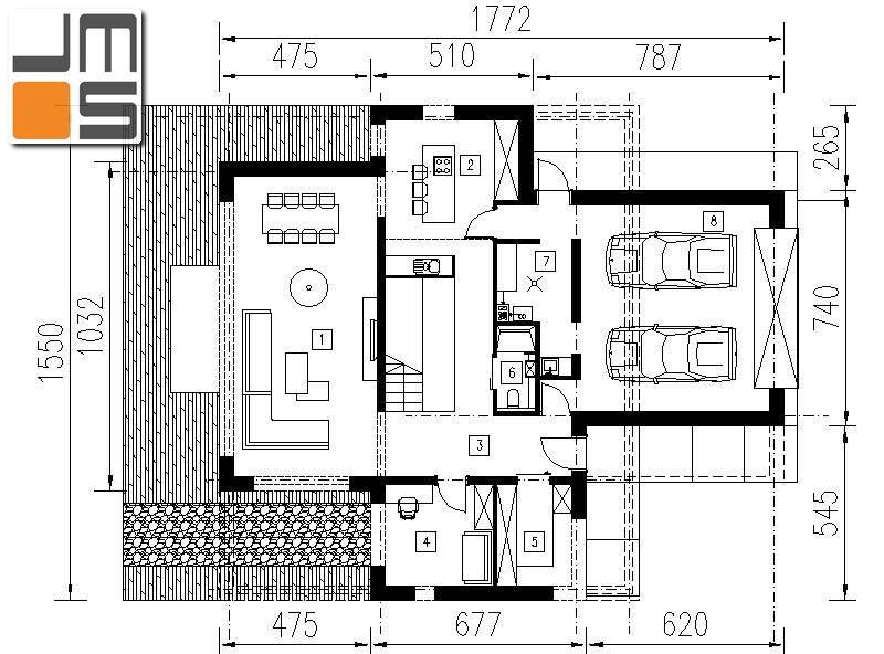 Rzut parteru nowoczesnego domu jednorodzinnego z dużym salonem