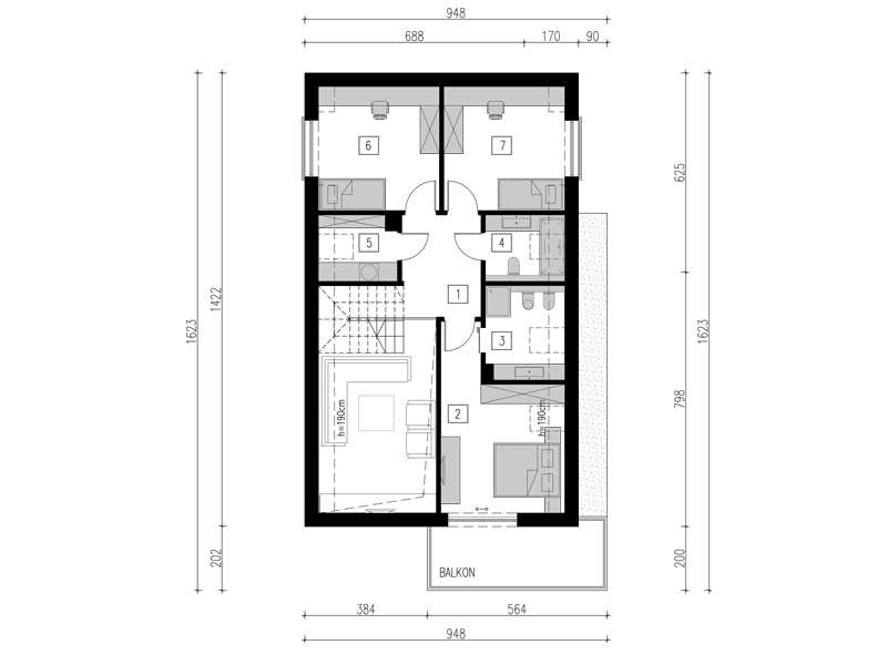 Rzut poddasza użytkowego domu jednorodzinnego z lukarnami
