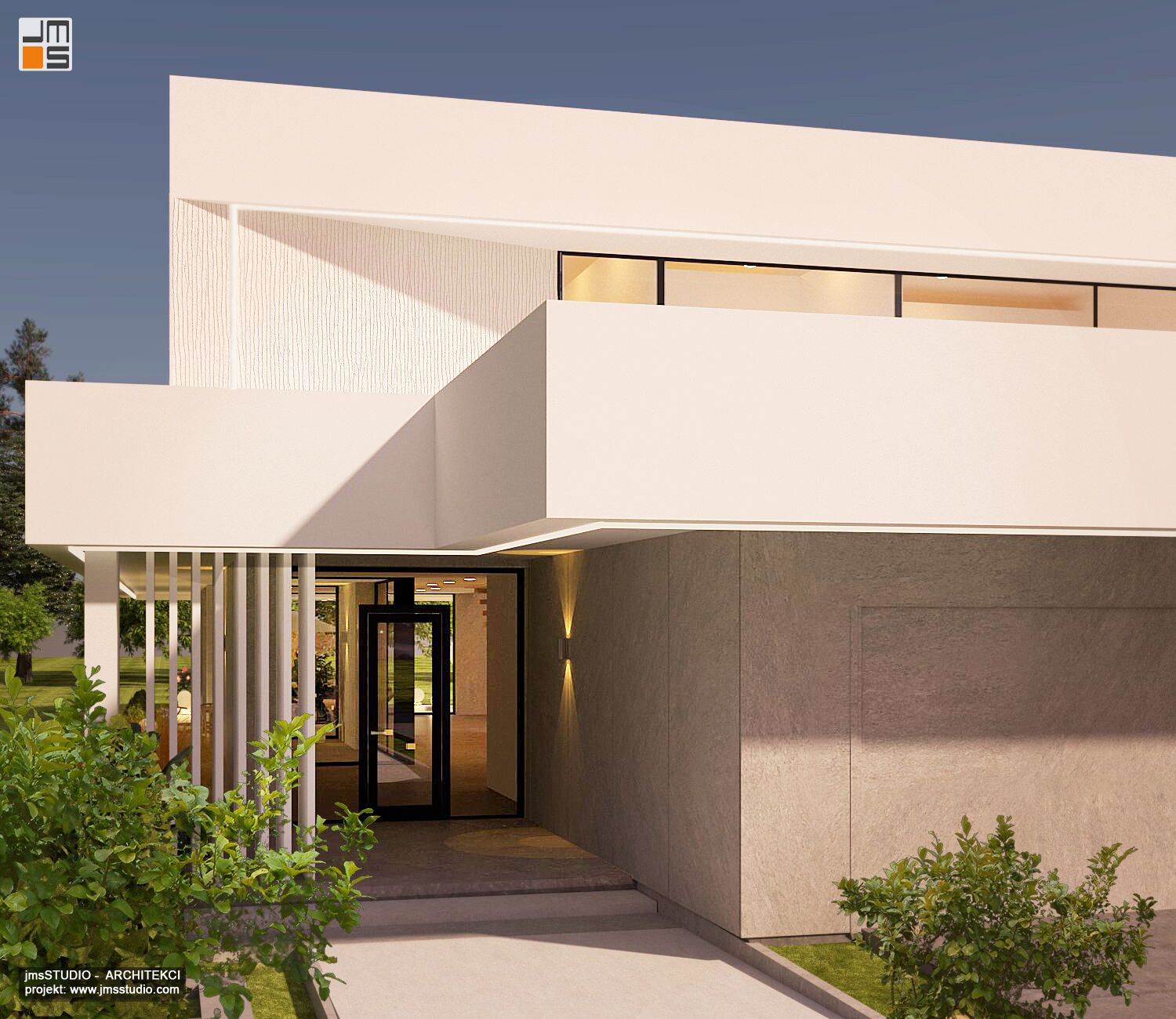 Stonowana kolorystyk i kilka faktur materiału to pomysł na elegancką nowoczesną elewacje w kolorach beżowych z cofniętym wejściem