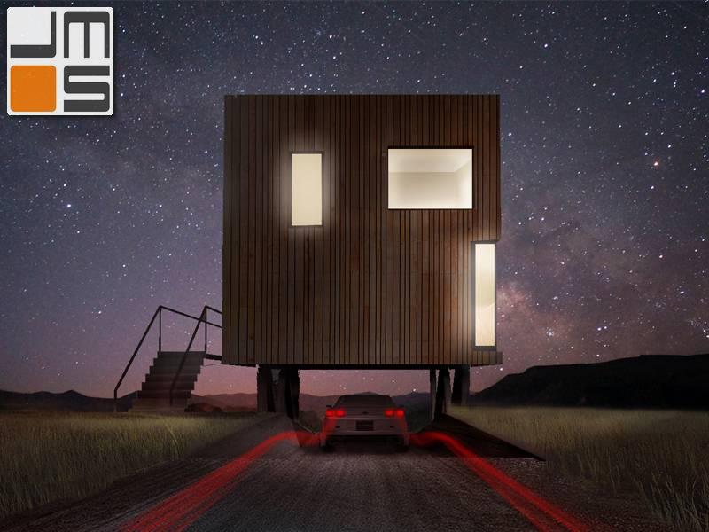 Ujęcie nocne dom kostka z kontenerów morskich dom z elewacją drewnianą