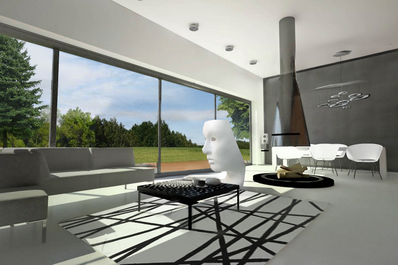 Wizualizacja salonu z dużym oknem w domu jednorodzinnego